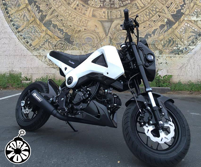 Customer's Honda Grom from California in Black and White with our Fork You wraps in Gloss Black.